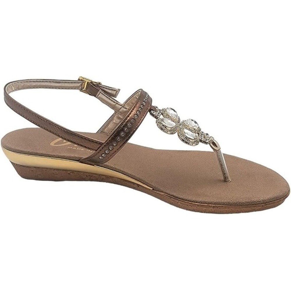 Women's Onex Leather Wedge Slide Sandals Bronze Swarovski Crystal Italy Size 11